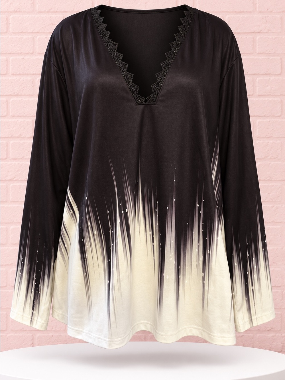 Excellence Black White Ombre Lace V Neck Tunic Top XXL NWT no